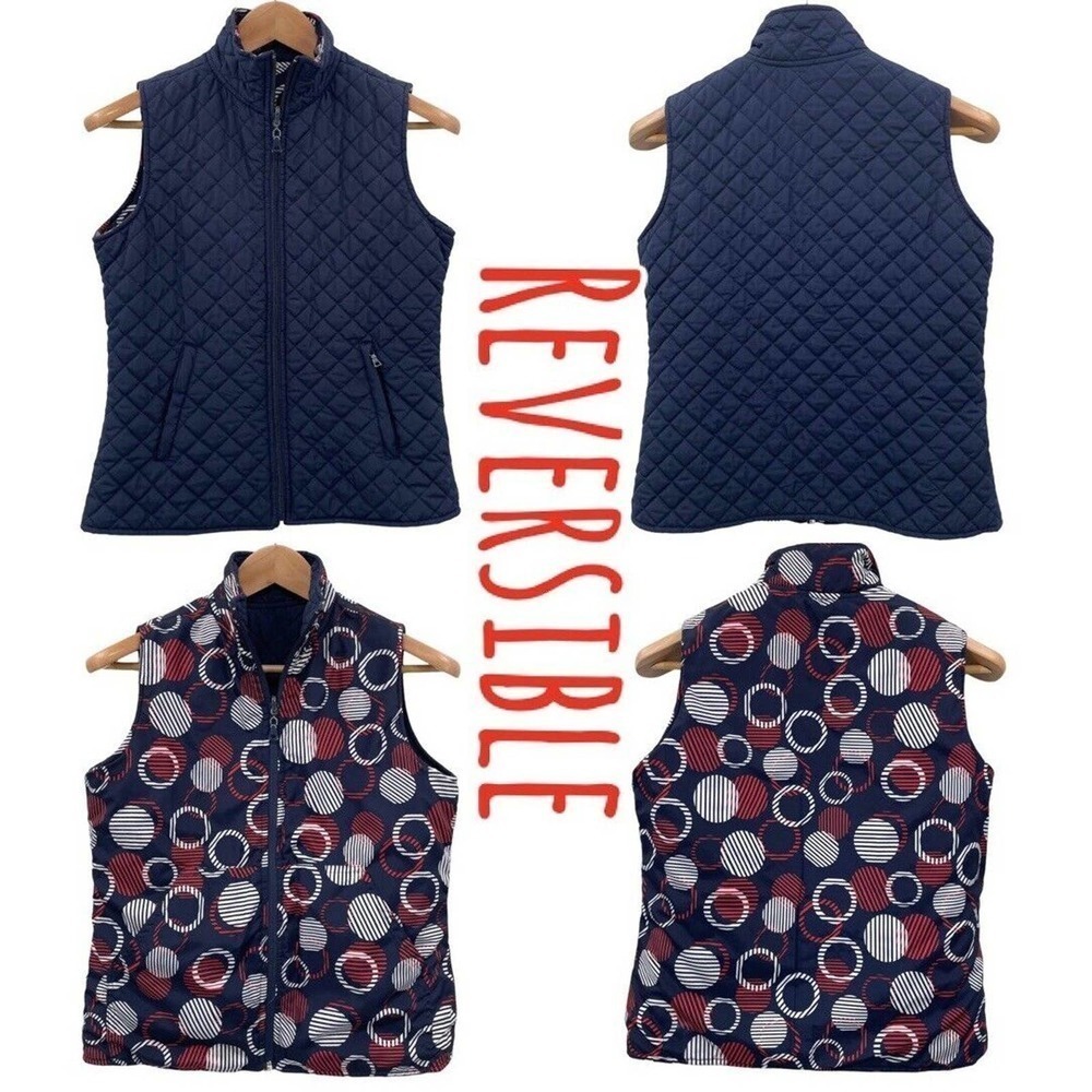 🍀 Active Studio Navy Blue Circle Print Reversible Zip Front Quilted Vest Size S